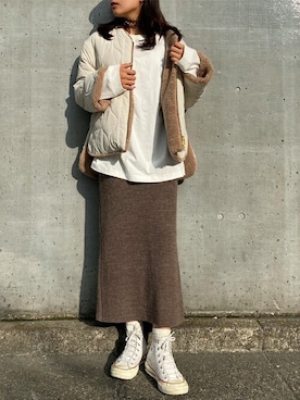 「アイボリー」｜「アイテム（ノーカラーコート）」を使った、STYLEDOORさん（レディース・163cm）の秋コーディネート