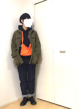 「NO ID.（ノーアイディ）のアイテム（ハンチング/ベレー帽）」を使った、ぴーすけぴーすけさん（メンズ・175cm）の冬コーディネート