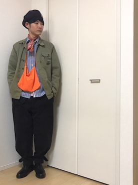「NO ID.（ノーアイディ）のアイテム（ハンチング/ベレー帽）」を使った、ぴーすけぴーすけさん（メンズ・175cm）の春コーディネート