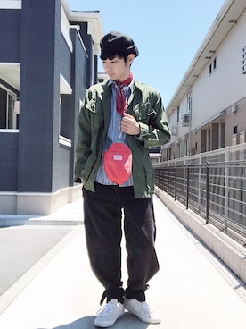 「NO ID.（ノーアイディ）のアイテム（ハンチング/ベレー帽）」を使った、ぴーすけぴーすけさん（メンズ・175cm）の春コーディネート