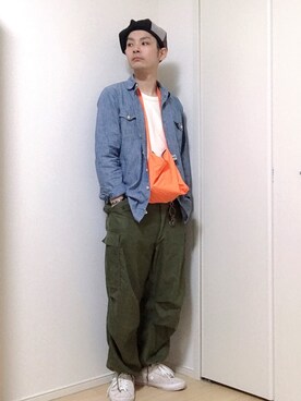 「NO ID.（ノーアイディ）のアイテム（ハンチング/ベレー帽）」を使った、ぴーすけぴーすけさん（メンズ・175cm）の夏コーディネート