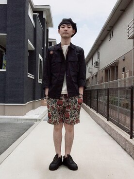 「NO ID.（ノーアイディ）のアイテム（ハンチング/ベレー帽）」を使った、ぴーすけぴーすけさん（メンズ・175cm）の夏コーディネート