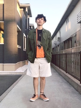 「NO ID.（ノーアイディ）のアイテム（ハンチング/ベレー帽）」を使った、ぴーすけぴーすけさん（メンズ・175cm）の夏コーディネート