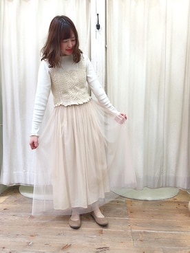 「ehka sopo（エヘカソポ）のかぎ針編みビスチェ（ニット/セーター）」を使った、RINAさん（レディース・157cm）の冬コーディネート