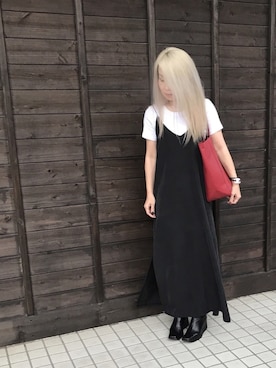 「UNIQLO（ユニクロ）のスーピマコットンリブクルーネックT（半袖）（Tシャツ/カットソー）」を使った、asaさん（レディース・153cm）の秋コーディネート