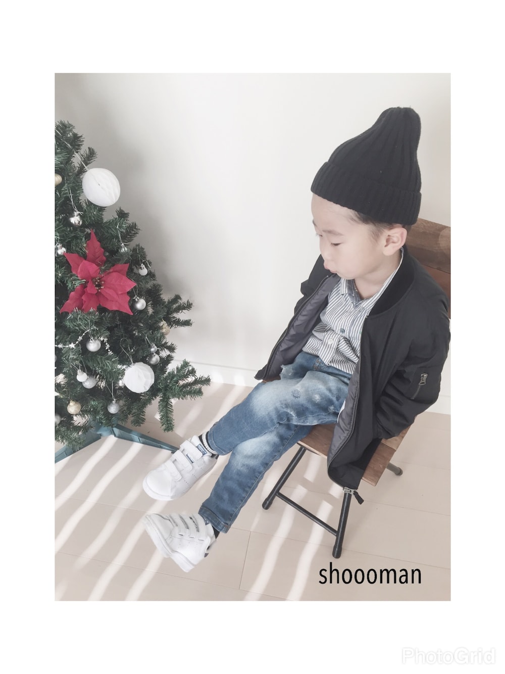 「メリークリスマス、キッズファッション、男の子、クリスマス」｜「しまむらのアイテム（ニットキャップ/ビーニー、ブラック系）」を使った、shooomanさん（キッズ・100cm）の冬コーディネートの1枚目の写真