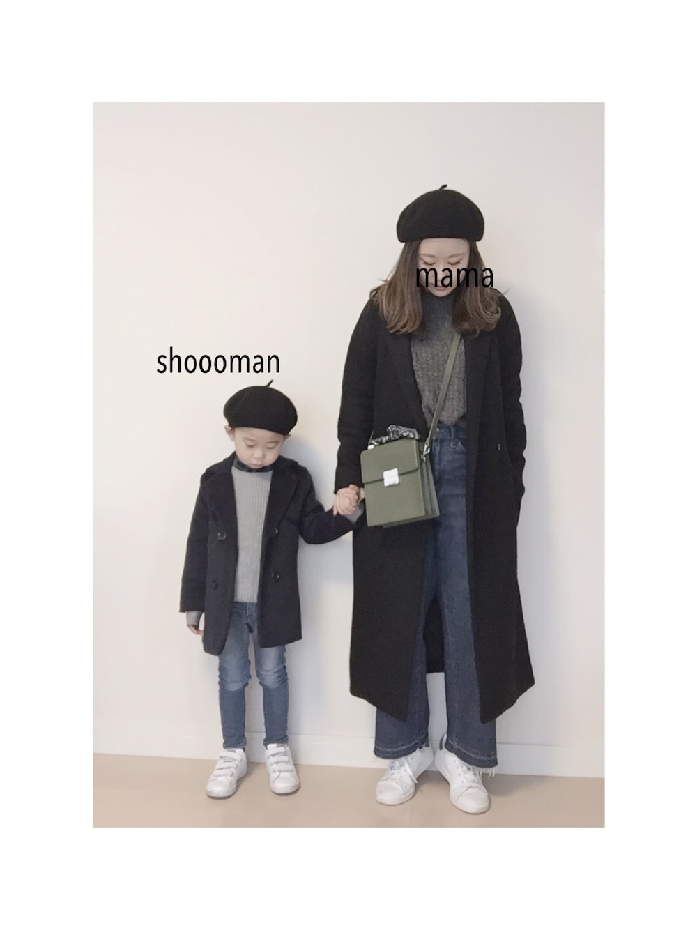 「親子コーデ、キッズファッション、春コーデ、男の子、デニム」｜「Birthdayのアイテム（ニット/セーター、グレー系）」を使った、shooomanさん（キッズ・100cm）の春コーディネートの1枚目の写真