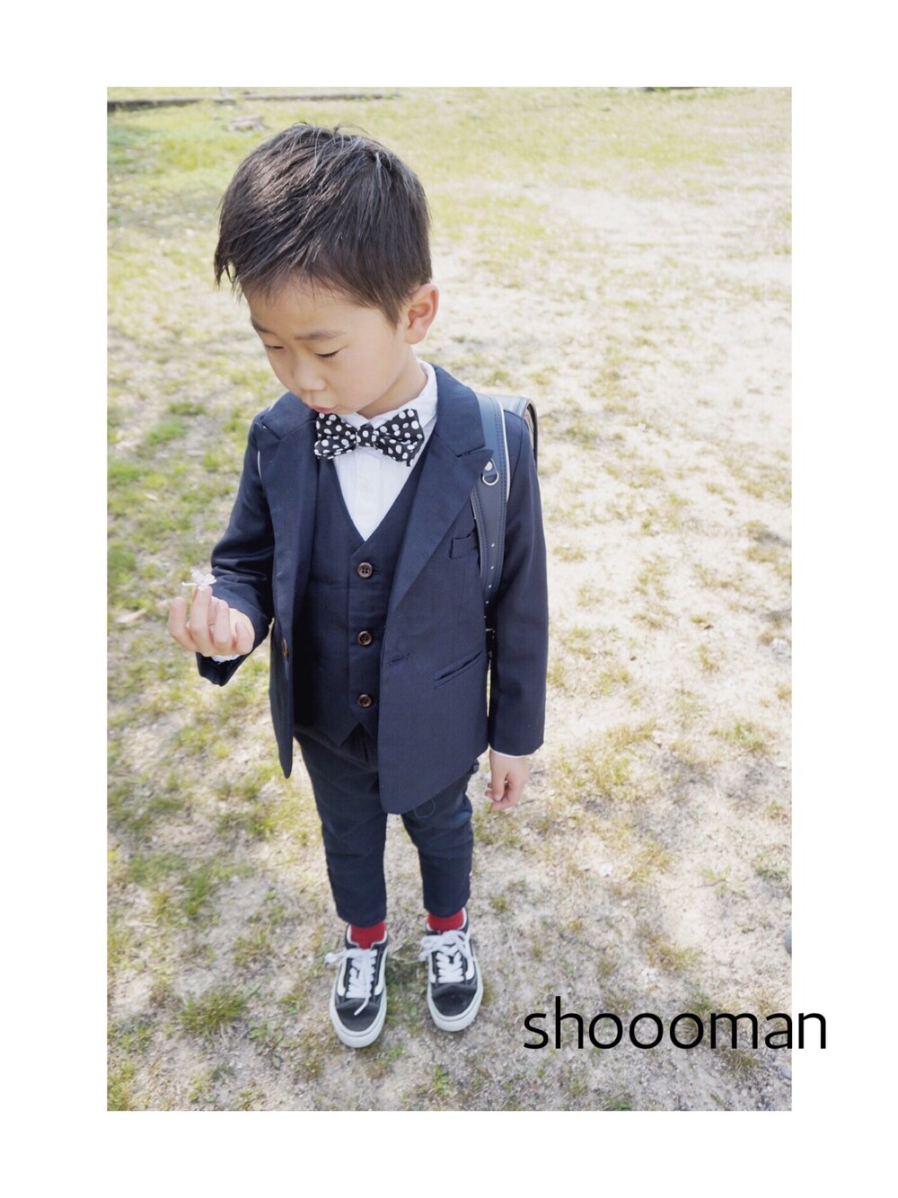 「入学式、小学生、スーツスタイル、セットアップ、キッズファッション、男の子、VANS」｜「楽天のアイテム（フォーマルスーツ/小物、ブルー系）」を使った、shooomanさん（キッズ・120cm）の春コーディネートの1枚目の写真