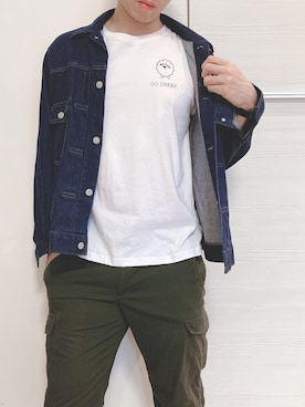 「blue」｜「アイテム（デニムジャケット）」を使った、Darren xxxさん（メンズ・183cm）の春コーディネート