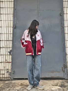 「アイテム（ライダースジャケット、レッド系）」を使った、鸡马唔さん（レディース・160cm）の春コーディネート