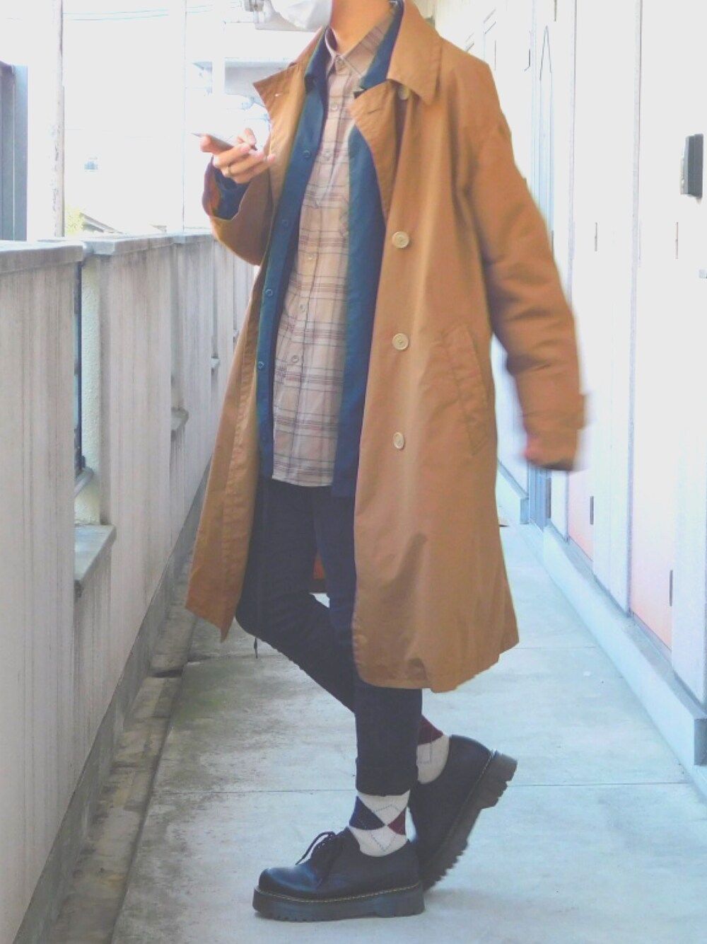 「2018マイベストコーデ、靴下屋、LIDnM、Diamond Layla、coen、niko and ...、アウターONアウター、冬コーデ、おしゃれさんと繋がりたい、コート」｜「Diamond LaylaのLayla endless love Fluff Mood Check shirt S24 Brown （シャツ/ブラウス、ブラウン系）」を使った、ギャン管さん（メンズ・165cm）の冬コーディネートの1枚目の写真