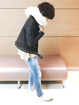 「Ungrid（アングリッド）のフレイドヘムストスリ（デニムパンツ）」を使った、きゃなおさん（レディース・155cm）の冬コーディネート