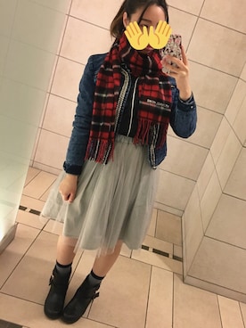 「赤チェック」｜「アイテム（デニムジャケット）」を使った、きむらっこさん（レディース・152cm）の冬コーディネート