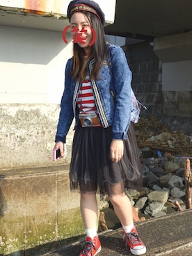 「マリンコーデ」｜「アイテム（デニムジャケット）」を使った、きむらっこさん（レディース・152cm）の夏コーディネート