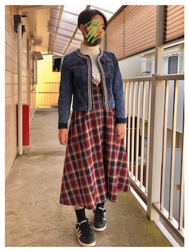 「チェックワンピース」｜「アイテム（デニムジャケット）」を使った、きむらっこさん（レディース・152cm）の冬コーディネート