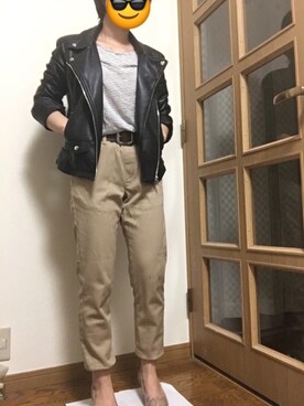 「EDWIN」｜「アイテム（ライダースジャケット）」を使った、Aki*☺︎さん（レディース・147cm）の春コーディネート