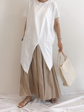 「Ray BEAMS（レイビームス）のRay BEAMS / 麻 ギャザー マキシ スカート（スカート）」を使った、amiさん（レディース・163cm）の夏コーディネート