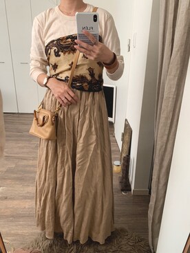 「Ray BEAMS（レイビームス）のRay BEAMS / 麻 ギャザー マキシ スカート（スカート）」を使った、amiさん（レディース・163cm）の春コーディネート