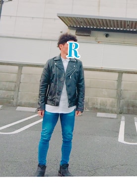 「no brand（ノーブランド）のアイテム（ライダースジャケット）」を使った、R-1さん（メンズ・163cm）の冬コーディネート