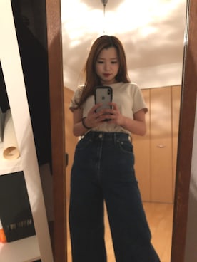 「UNIQLO（ユニクロ）のクルーネックT（半袖）（Tシャツ/カットソー、ベージュ系）」を使った、はるぺそ。さん（レディース・150cm）の秋コーディネート