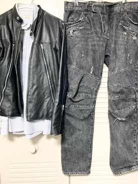 「no brand（ノーブランド）のアイテム（ライダースジャケット）」を使った、アオさんさん（メンズ・174cm）の秋コーディネート