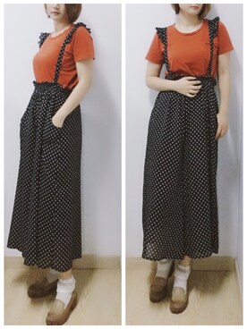 「NICE CLAUP（ナイスクラップ）のアイテム（オールインワン・サロペット）」を使った、初橒Kumoomooさん（レディース・168cm）の秋コーディネート
