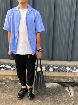 「サックスブルー」｜「アイテム（その他シューズ）」を使った、しゃちおさん（メンズ・172cm）の夏コーディネート