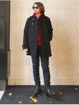 「トレーナー」｜「アイテム（ピーコート）」を使った、yamaguchi.fさん（メンズ・171cm）の冬コーディネート