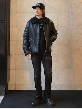 「HYSTERIC GLAMOUR（ヒステリックグラマー）のHYS WHISKY柄 刺繍キャップ（キャップ）」を使った、yamaguchi.fさん（メンズ・171cm）の冬コーディネート