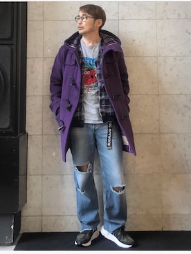 「アイテム（ダッフルコート、パープル系）」を使った、yamaguchi.fさん（メンズ・171cm）の秋コーディネート