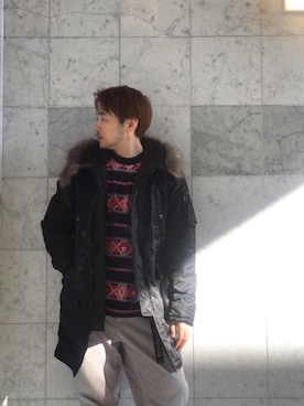 「HYSTERIC GLAMOUR（ヒステリックグラマー）のGIRLS BORDER総柄ジャカード リブ付Tシャツ（Tシャツ/カットソー）」を使った、yamaguchi.fさん（メンズ・171cm）の冬コーディネート