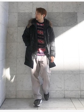 「HYSTERIC GLAMOUR（ヒステリックグラマー）のGIRLS BORDER総柄ジャカード リブ付Tシャツ（Tシャツ/カットソー）」を使った、yamaguchi.fさん（メンズ・171cm）の冬コーディネート