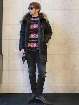 「HYSTERIC GLAMOUR（ヒステリックグラマー）のGIRLS BORDER総柄ジャカード リブ付Tシャツ（Tシャツ/カットソー）」を使った、yamaguchi.fさん（メンズ・171cm）の冬コーディネート