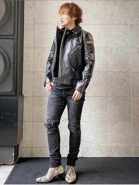 「コラボレーション」｜「アイテム（ライダースジャケット）」を使った、yamaguchi.fさん（メンズ・171cm）の冬コーディネート