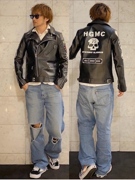 「コラボレーション」｜「アイテム（ライダースジャケット）」を使った、yamaguchi.fさん（メンズ・171cm）の冬コーディネート