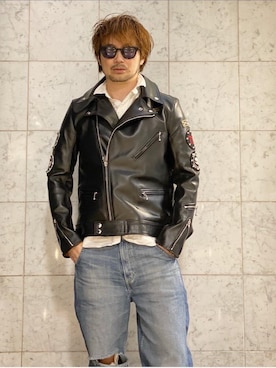 「コラボレーション」｜「アイテム（ライダースジャケット）」を使った、yamaguchi.fさん（メンズ・171cm）の冬コーディネート