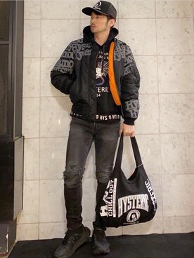 「HYSTERIC GLAMOUR（ヒステリックグラマー）のアイテム（MA-1）」を使った、yamaguchi.fさん（メンズ・171cm）の冬コーディネート