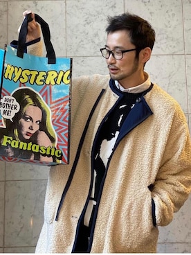 「HYSTERIC GLAMOUR（ヒステリックグラマー）のアイテム（ノーカラーコート）」を使った、yamaguchi.fさん（メンズ・171cm）の冬コーディネート