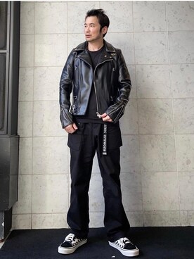 「HYSTERIC GLAMOUR（ヒステリックグラマー）のアイテム（ライダースジャケット）」を使った、yamaguchi.fさん（メンズ・171cm）の冬コーディネート