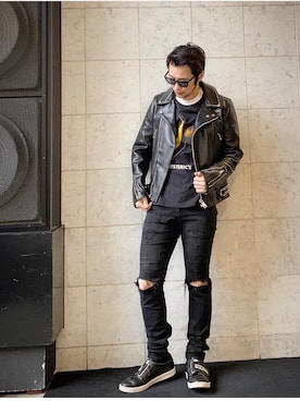 「HYSTERIC GLAMOUR（ヒステリックグラマー）のアイテム（ライダースジャケット）」を使った、yamaguchi.fさん（メンズ・171cm）の春コーディネート