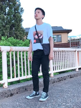「H&M（エイチ・アンド・エム）のアイテム（Tシャツ/カットソー、ホワイト系）」を使った、にゃーすさん（メンズ・160cm）の夏コーディネート