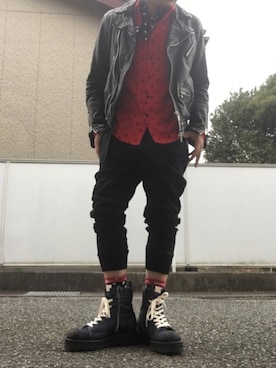 「glamb（グラム）のアイテム（ライダースジャケット）」を使った、malibuさん（メンズ・163cm）の冬コーディネート