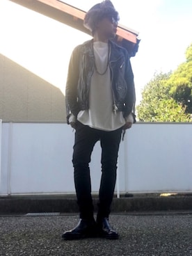 「glamb（グラム）のアイテム（ライダースジャケット）」を使った、malibuさん（メンズ・163cm）の冬コーディネート