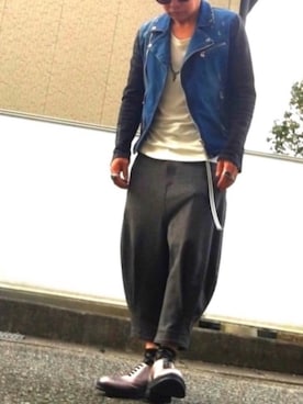 「glamb（グラム）のアイテム（ライダースジャケット）」を使った、malibuさん（メンズ・163cm）の冬コーディネート