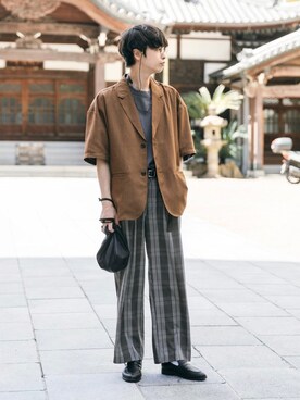 「巾着バッグ」｜「アイテム（その他アウター）」を使った、akiiiiさん（メンズ・181cm）の春コーディネート