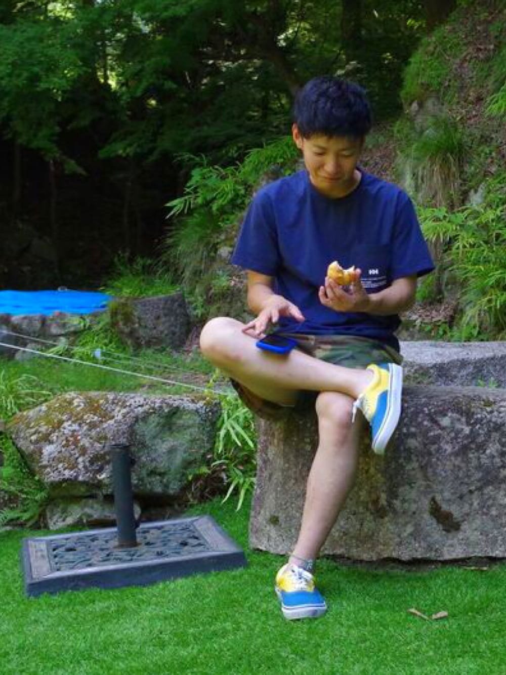 「キャンプ」｜「HELLY HANSENのアイテム（Tシャツ/カットソー、ブルー系）」を使った、わい氏さん（メンズ・158cm）の夏コーディネートの1枚目の写真