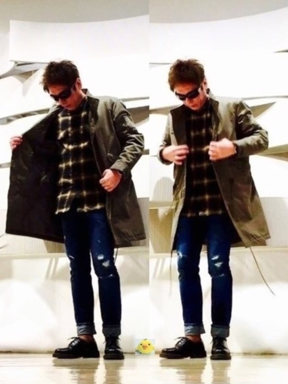 イエロー系のシャツ/ブラウス、グリーン系のモッズコート、ブルー系のデニムパンツを着用したメンズの冬コーディネートの1枚目の写真