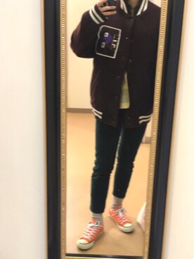 「アイテム（スタジャン、ブラウン系）」を使った、mamuさん（レディース・156cm）の冬コーディネート