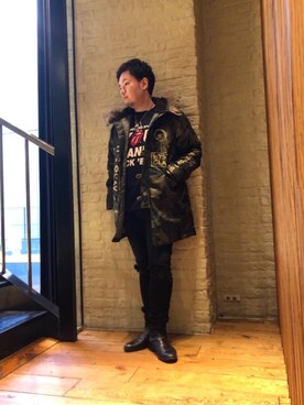 「迷彩柄」｜「アイテム（その他アウター）」を使った、kaz0183さん（メンズ・175cm）の冬コーディネート