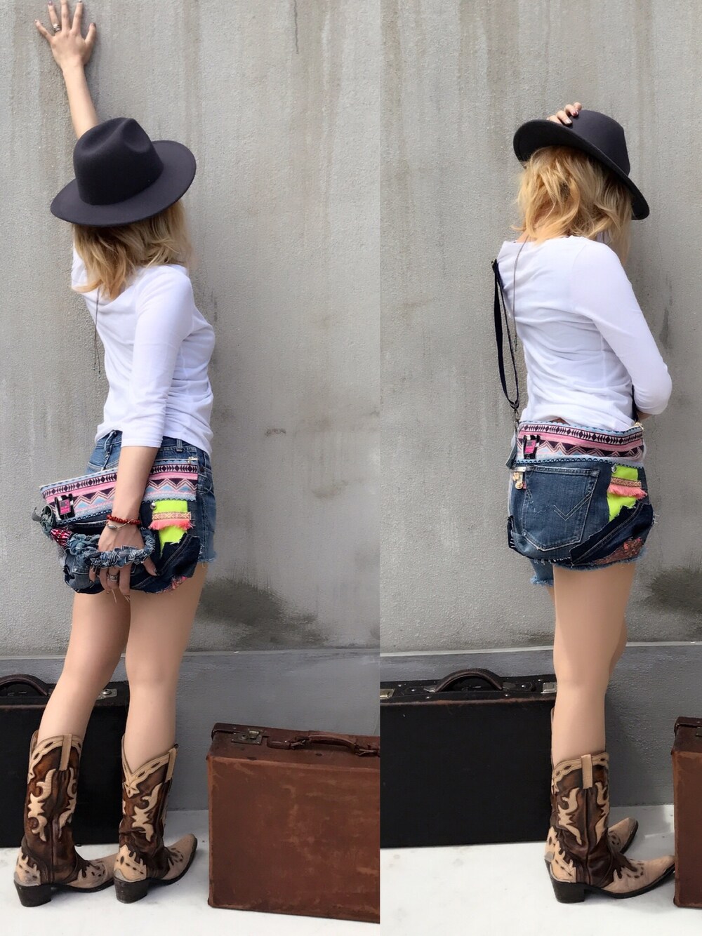 「デニム、デニムショートパンツ、denimremix、ウエスタンブーツ、デニムバッグ」｜「悦粋~essui~のアイテム（ショルダーバッグ、その他）」を使った、Etsuko Yamamotoさん（レディース・165cm）の春コーディネートの1枚目の写真